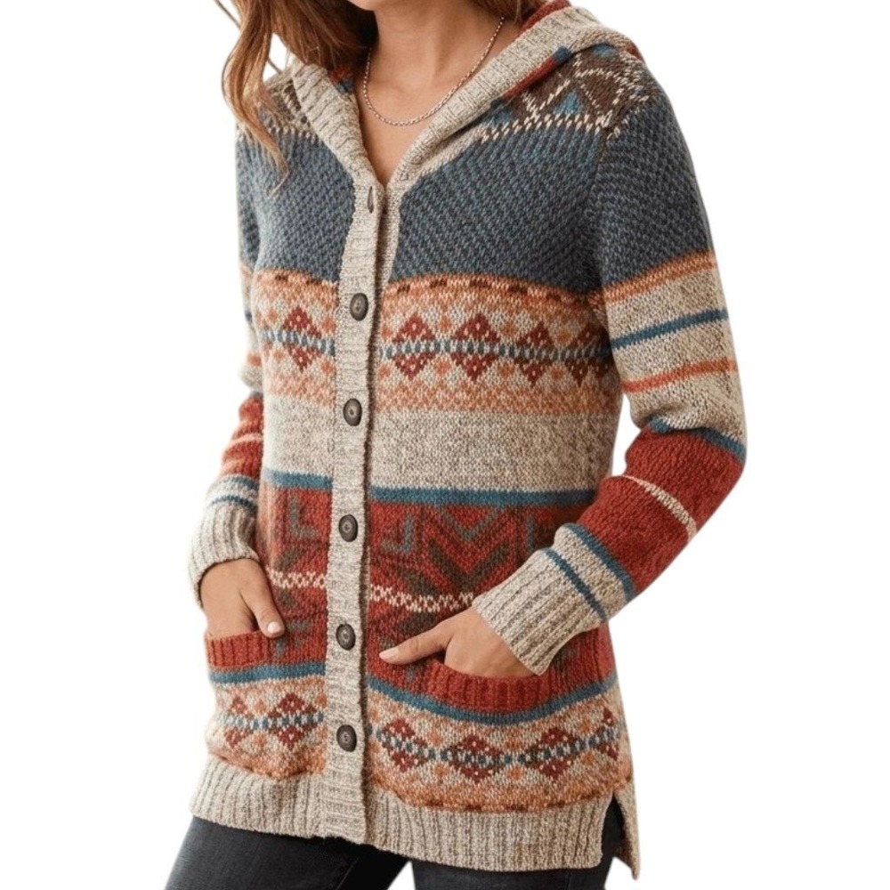 Royal Robbins Mystic Canyon Hooded Cardigan Women M Wool Blend Fair Isle Sweater